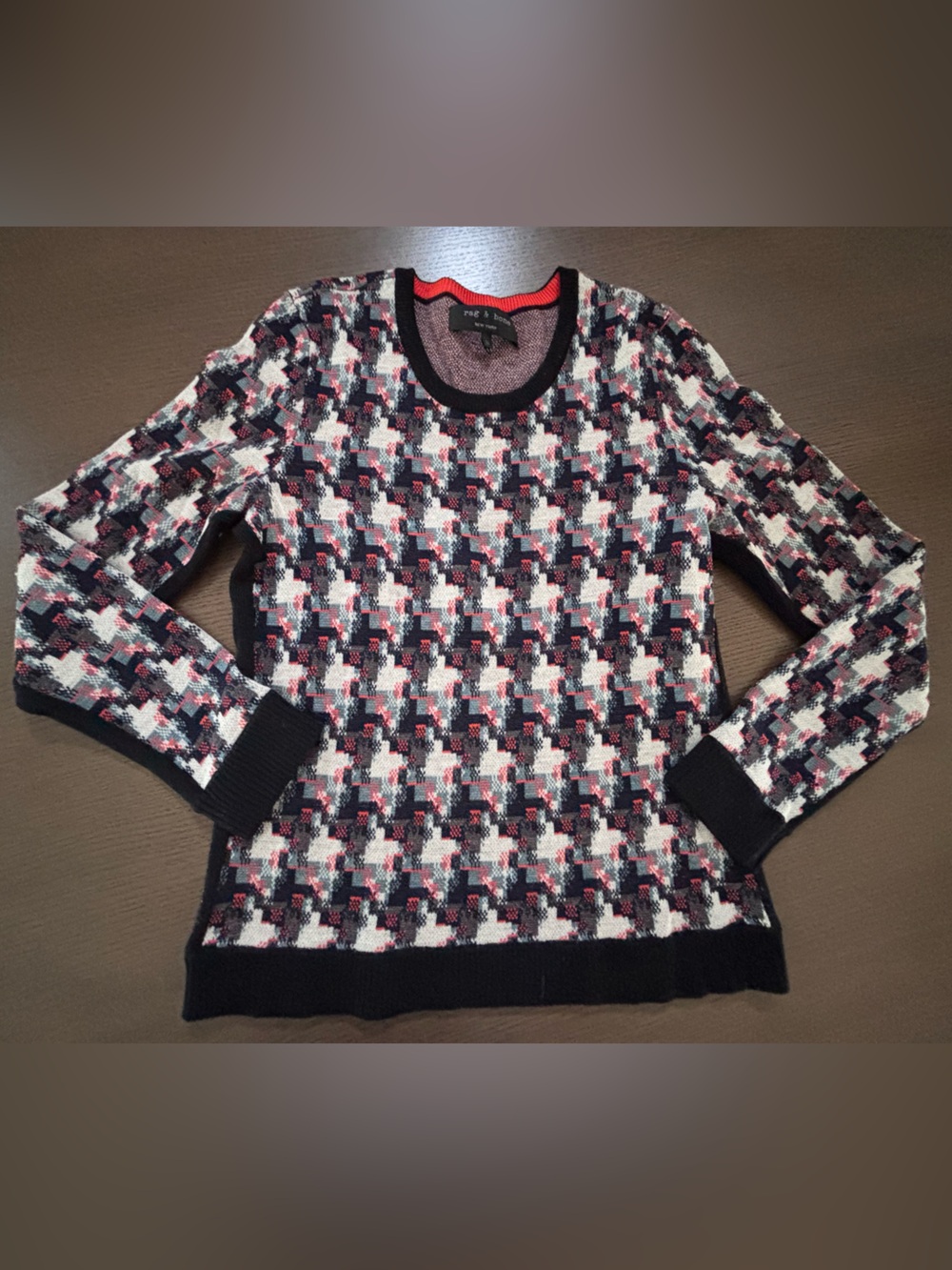 rag & bone Houndstooth Crewneck Sweater in Black, White & Red